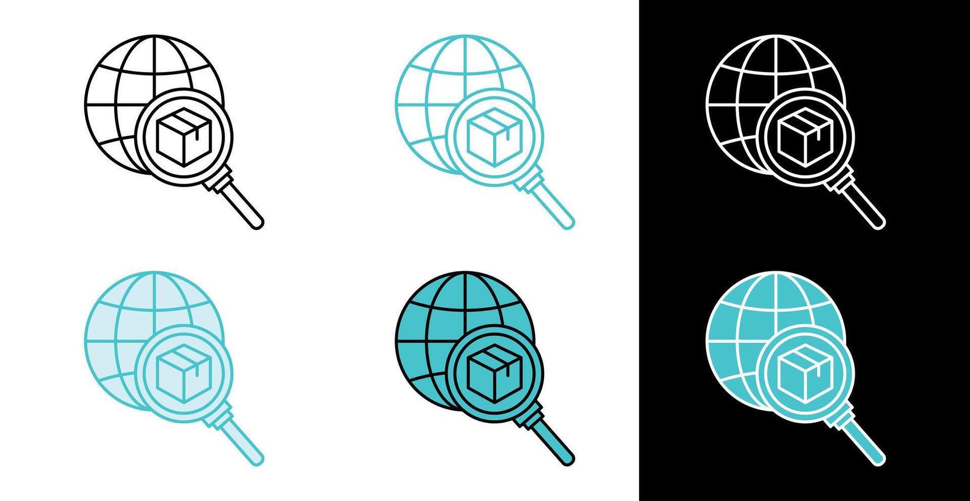 Globe with magnifying glass and package icon for global shipping tracking in line and fill style vector