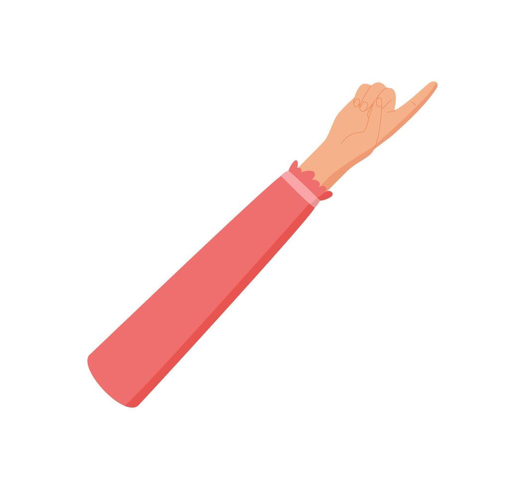 Flat hand gesture for number one. Raised finger signal showing a count of one. Arm covered with pink sleeve, isolated on white background, minimal cartoon graphic style, basic counting concept. vector