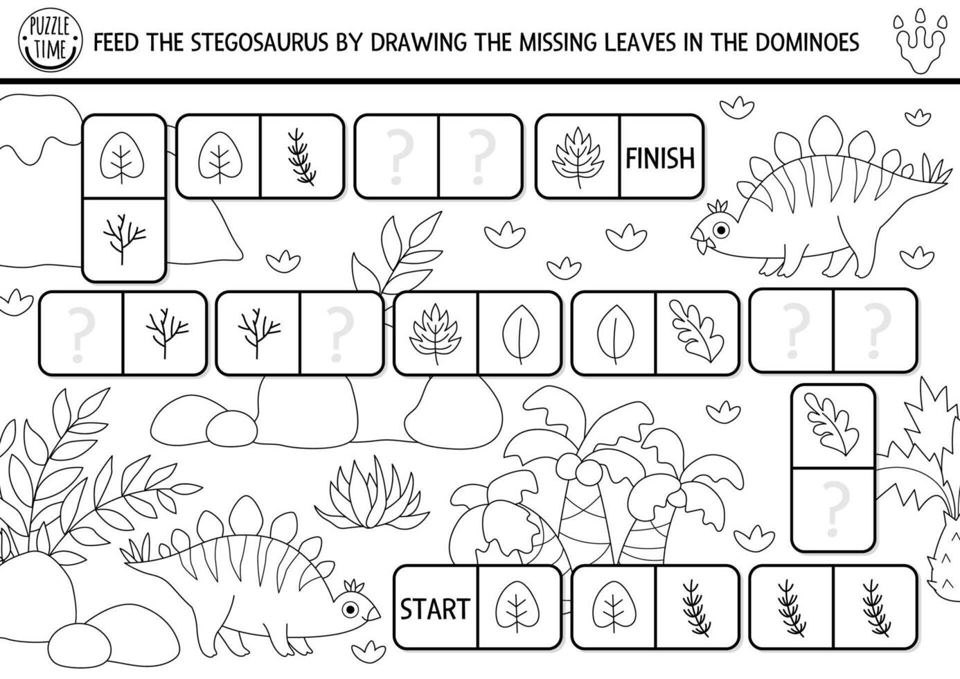 black and white dinosaur domino puzzle for kids with pictures. Prehistoric shape recognition line quiz. Maze, drawing, matching and logic activity with stegosaur and leaves. Draw missing objects vector