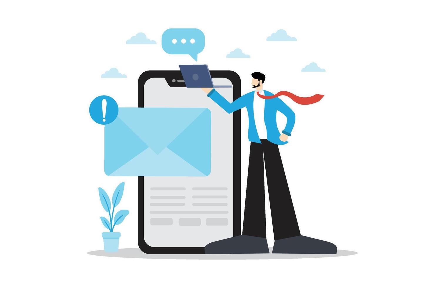 illustration of a man standing in front of a large smartphone with an envelope and alert icon, representing email notification or reminder. Modern flat design in blue tones, symbolizing digital vector