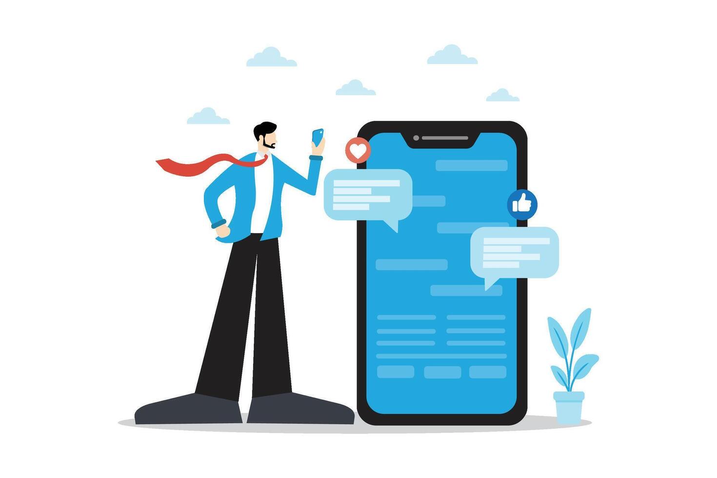 illustration of a man standing beside a large smartphone screen with chat bubbles, like, and heart icons, representing social media interaction, online chatting, and digital connection. Minimal vector
