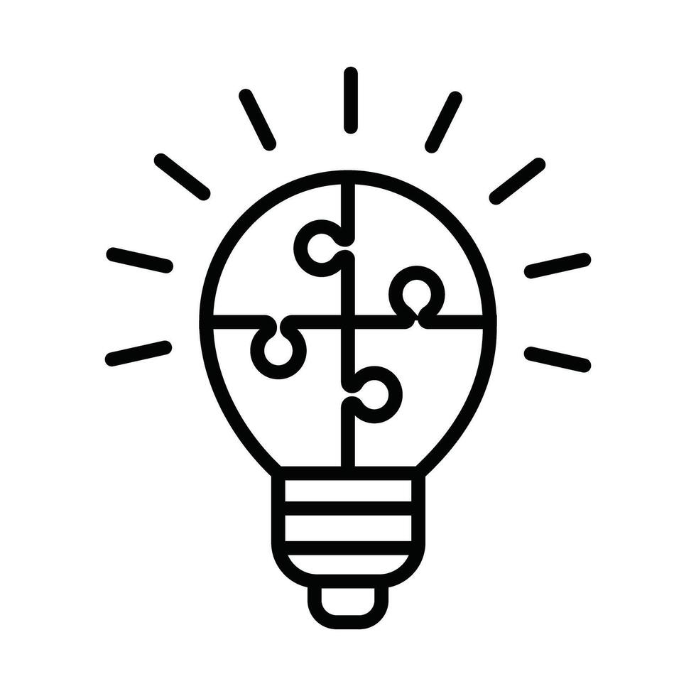 Creative solution icon with a light bulb made of puzzle pieces. A simple symbol for innovation, problem-solving, and brainstorming. Minimalist line art graphic. vector