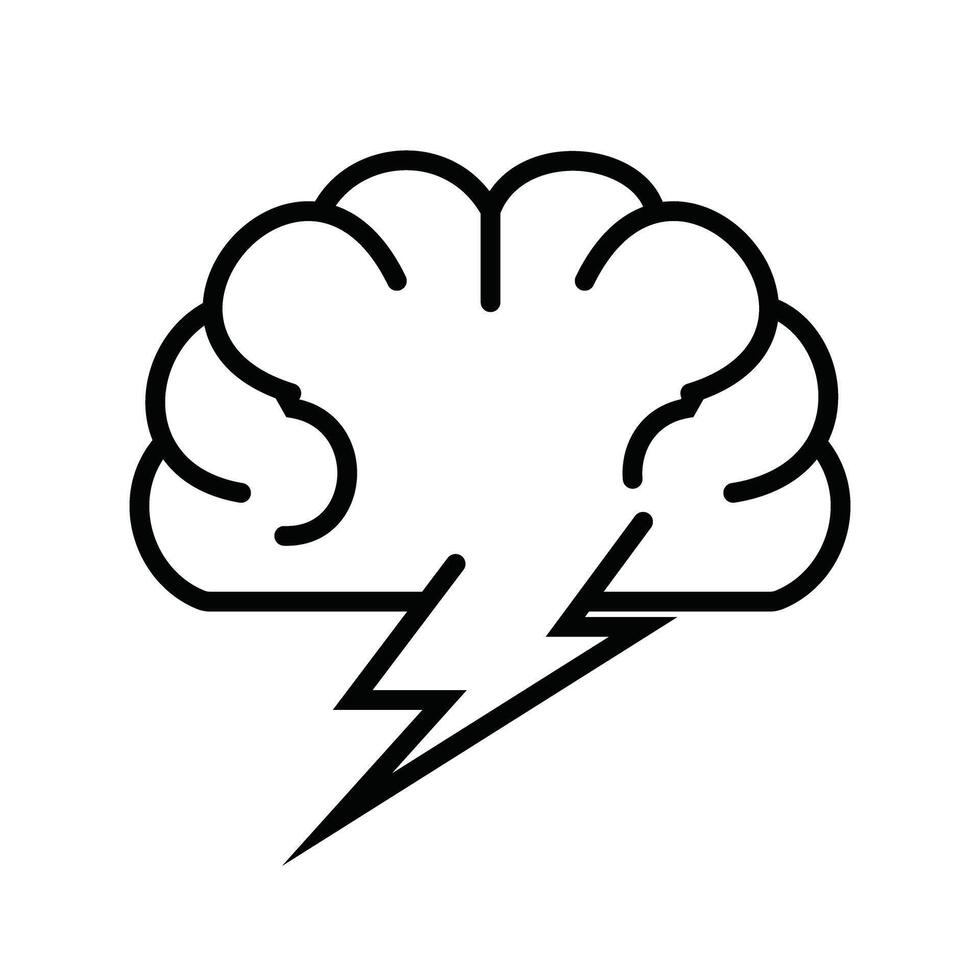 Brainstorming icon with a brain and lightning bolt. A simple symbol for creativity, new ideas, and innovation. Minimalist black and white outline graphic. vector