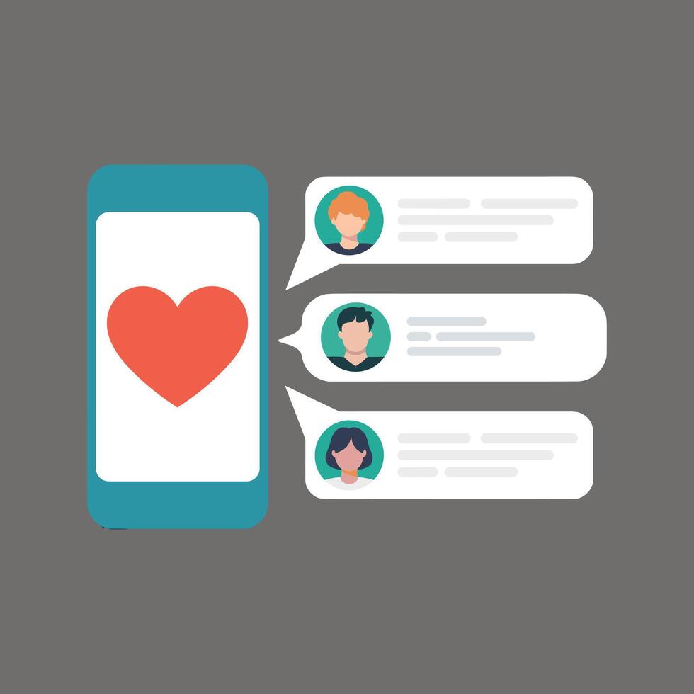 Smartphone displaying a red heart icon with three chat bubbles containing user avatars and text mobile phone vector