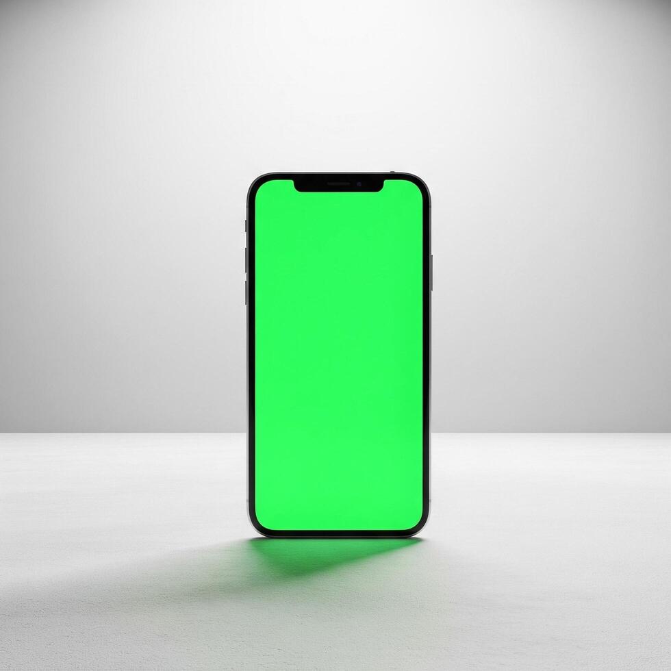 Realistic Render of a Modern Mobile Device Displaying a Vibrant Green Screen, Ideal for Product Preview, Branding Display, or UI Mockup Design Template photo