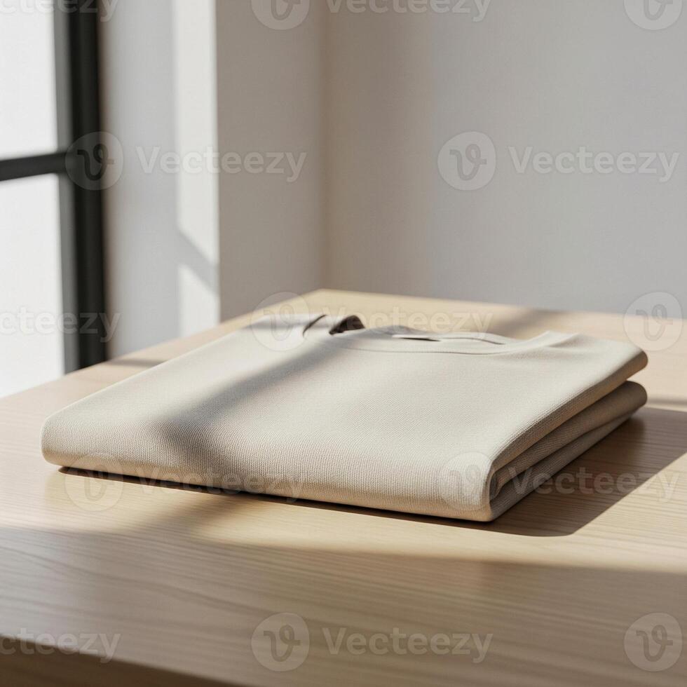 Realistic Render of a Folded Light Beige T-Shirt on a Wooden Surface, a Design Template for Product Preview and Branding Display photo