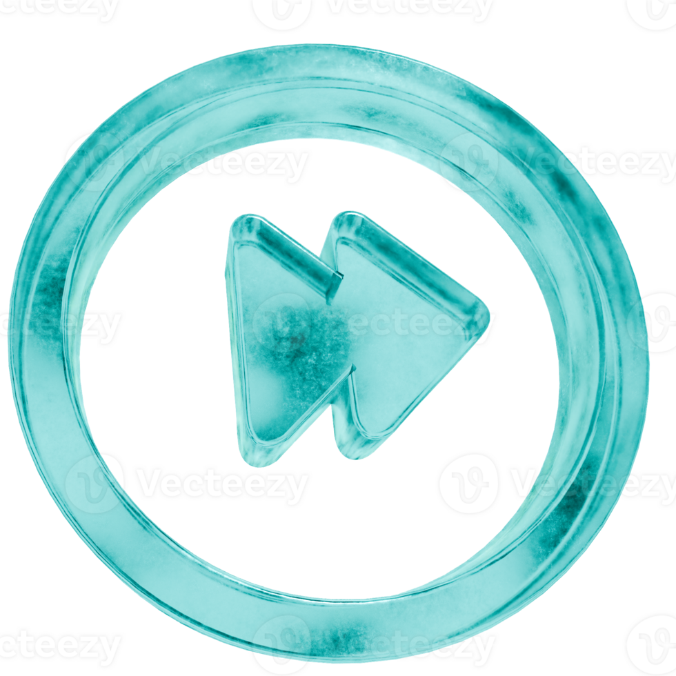 3D forward button round shapes in frosted blue ice glass style, isolated on a transparent background. Glassmorphism icons and 3D elements for modern graphic design. png