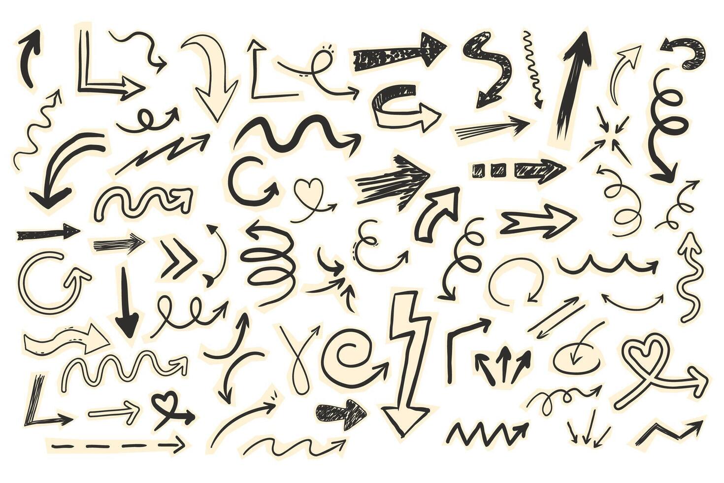 Scrapbook set with paper arrow cutout torn doodle scribble collage elements. Y2k swirl, up and down, right and left arrow collection. vector