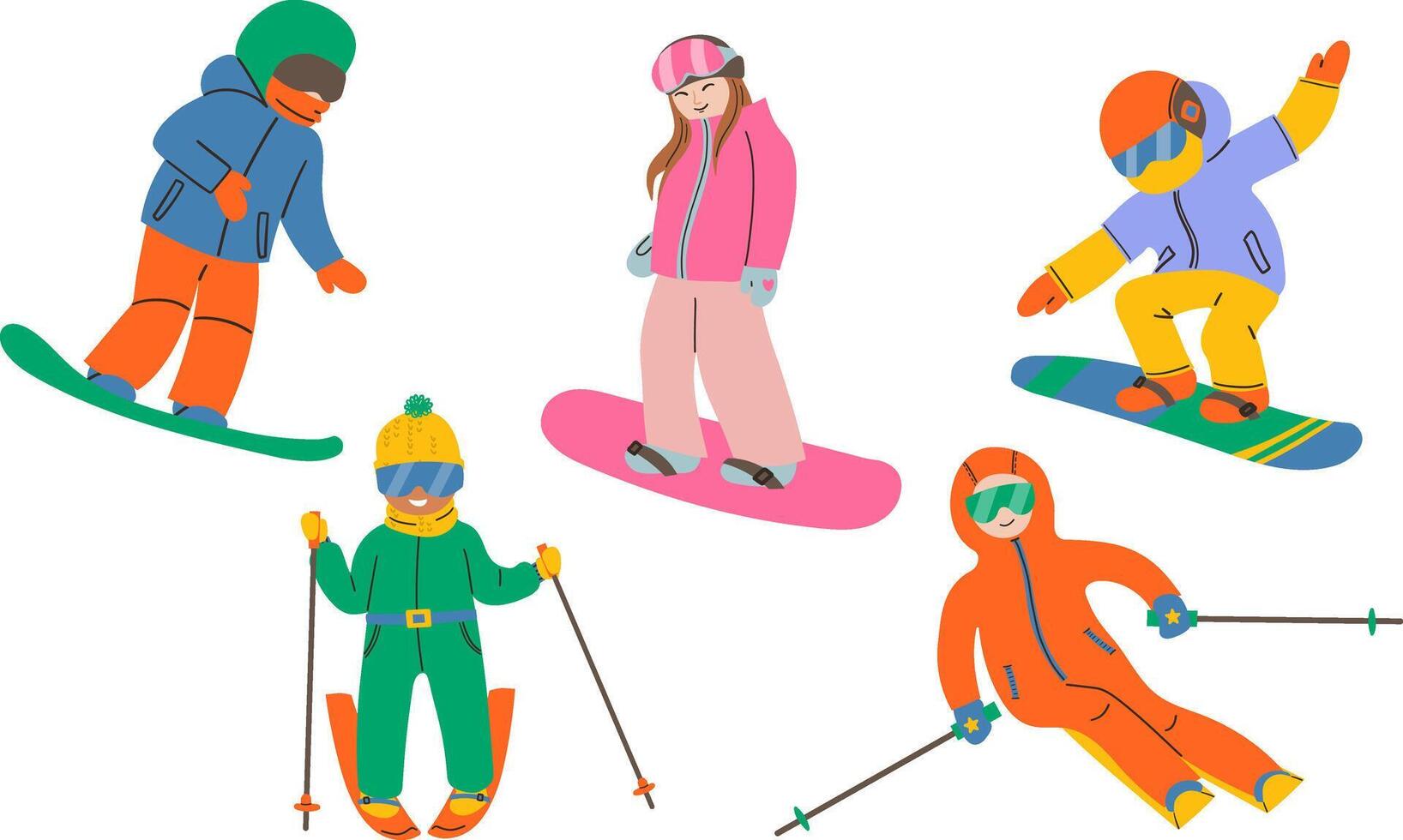 Set of colorful skiers and snowboarding in different dynamic poses on white background. illustration hand drawn flat for social media , web , banner and card design . vector