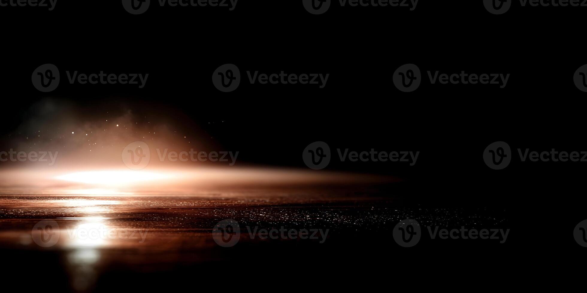 A dramatic abstract background features a glowing orange light reflecting on a dark wet surface with subtle smoke and tiny illuminated particles photo
