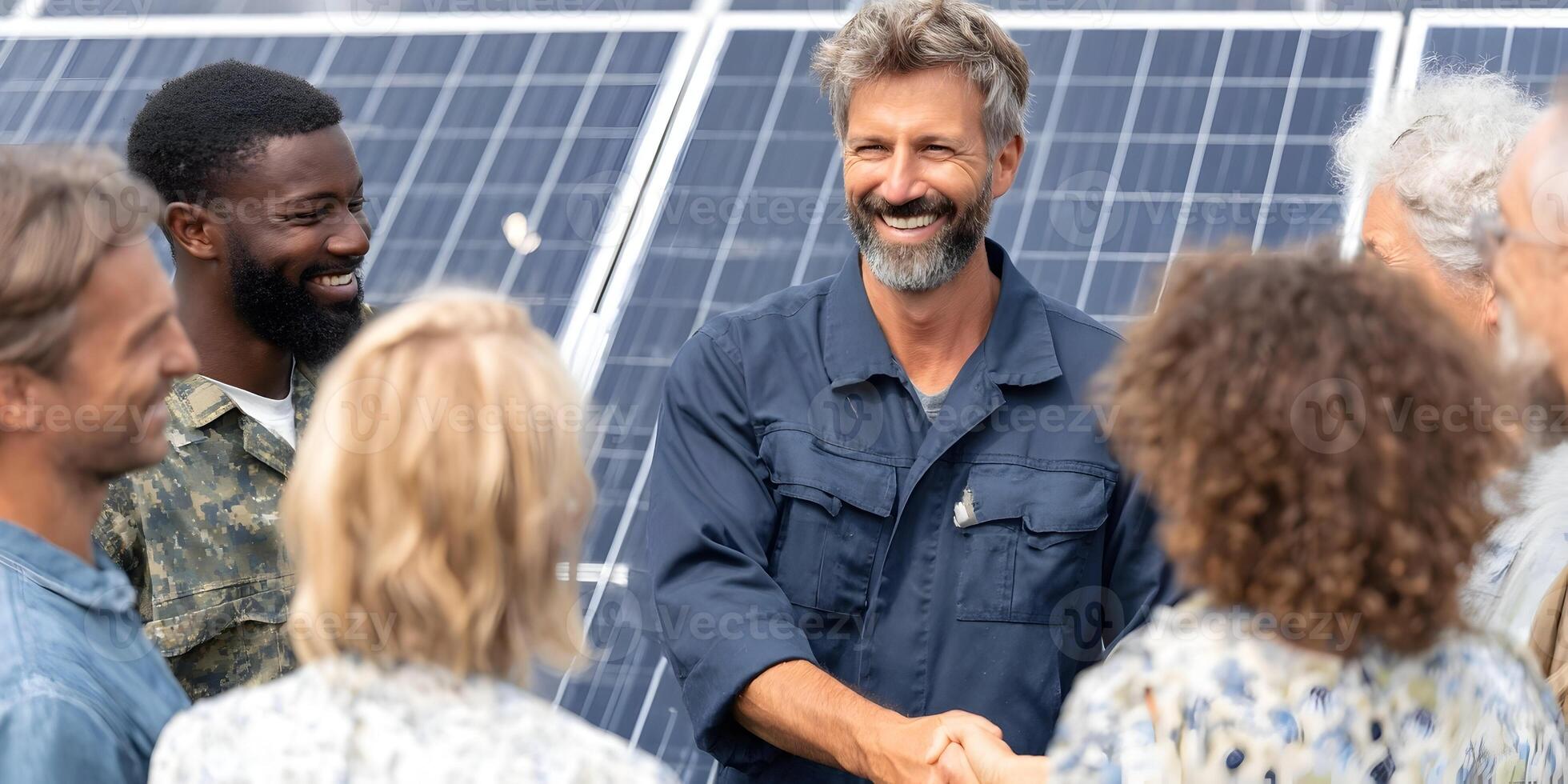A smiling diverse group including a male engineer shakes hands with a team member in front of a solar panel array photo