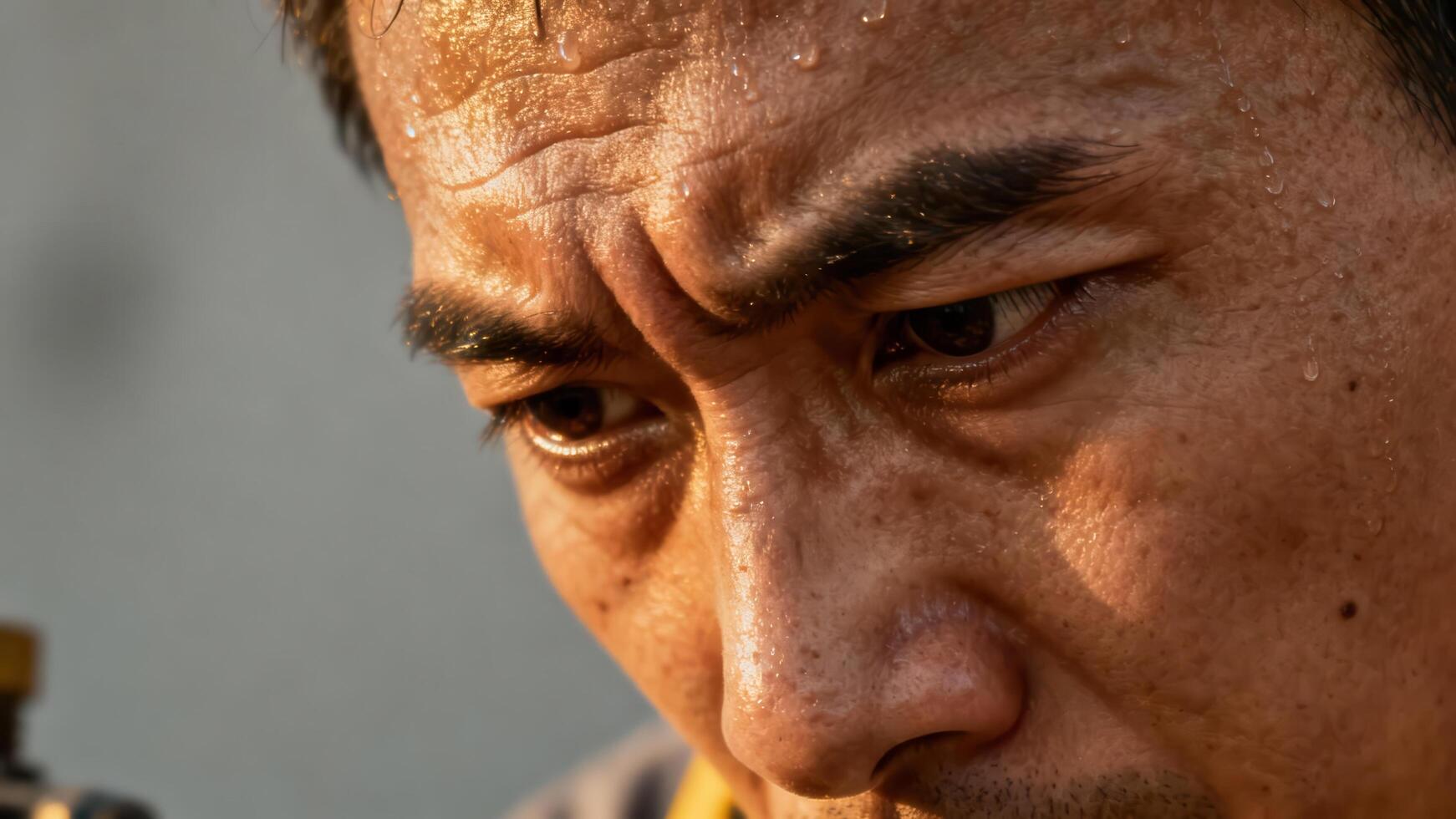 Intense captures the focused expression of a working man sweating under bright light photo