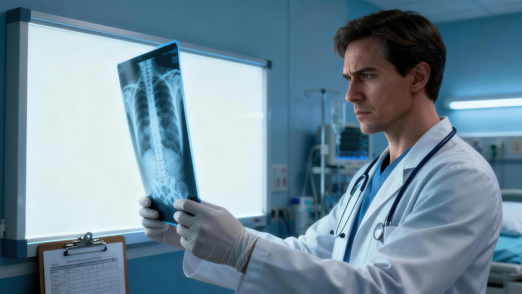 Focused physician in sterile environment examines diagnostic image displaying human spine structure photo