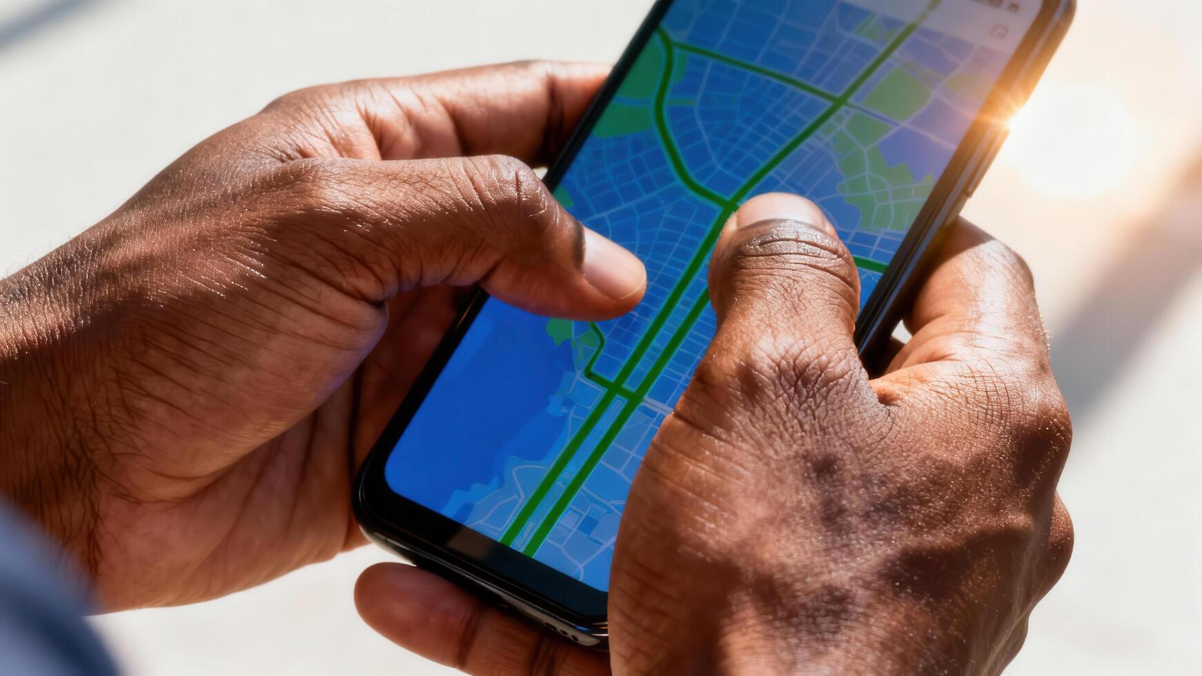 Person interacts with navigation software displayed on a handheld communication device outdoors photo