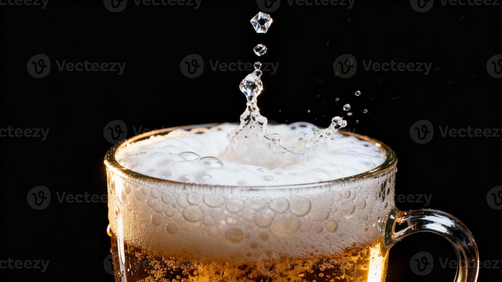 Liquid splashing and creating foam on the surface of a beverage inside a clear glass mug photo