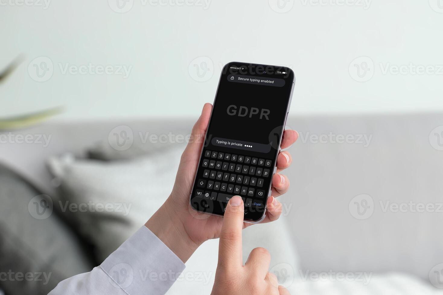Smartphone showing GDPR typing privacy screen with text masked as dots and message Typing is private , symbolizing secure communication photo