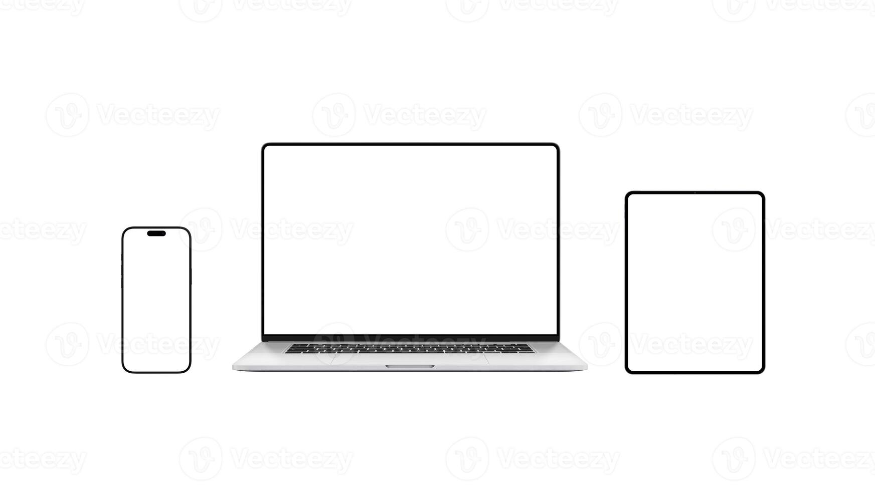 Modern smartphone, laptop, and tablet with blank screens on white background, representing responsive web design, digital technology, and multi-device online experience photo