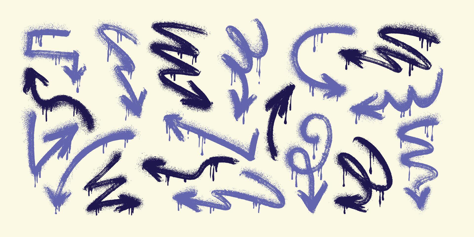 Spray Grunge Arrows. Hand-drawn set of doodle arrow icons. Freehand curved lines and pointers. Scribbled arrows for infographics. Freehand sketches of thin, spring arrows with loops and abstract vector