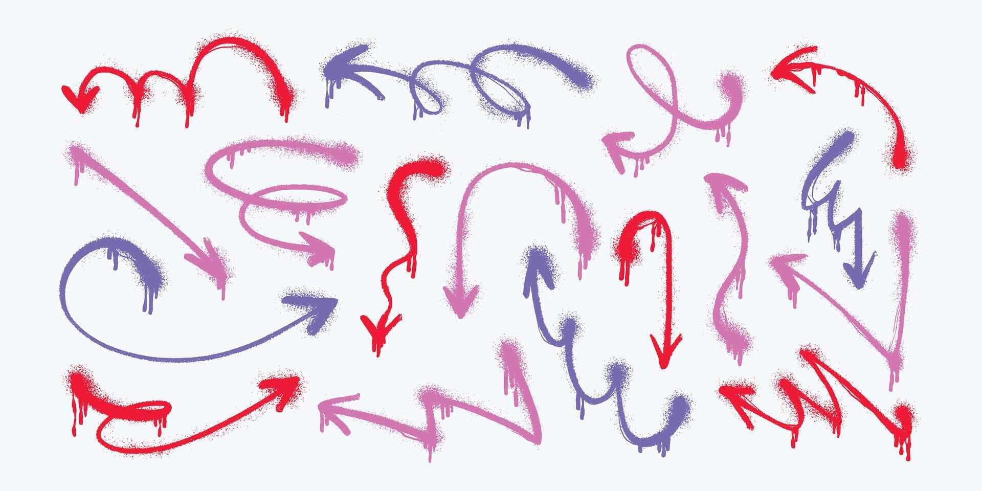 Thin Spray Grunge Arrows. Hand-drawn set of doodle arrow icons. Freehand curved lines and pointers. Scribbled arrows for infographics. Freehand sketches of thin, spring arrows with loops and abstract vector