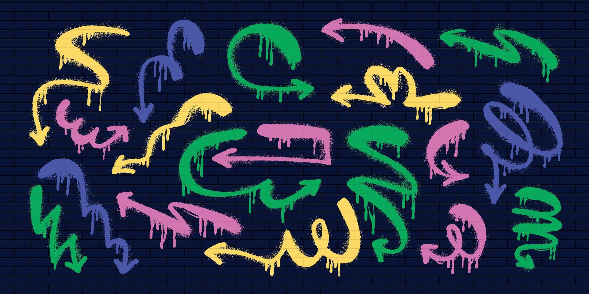 Playful Grunge Arrows. Hand-drawn set of doodle arrow icons. Freehand curved lines and pointers. Scribbled arrows for infographics. Freehand sketches of thin, spring arrows with loops and abstract vector