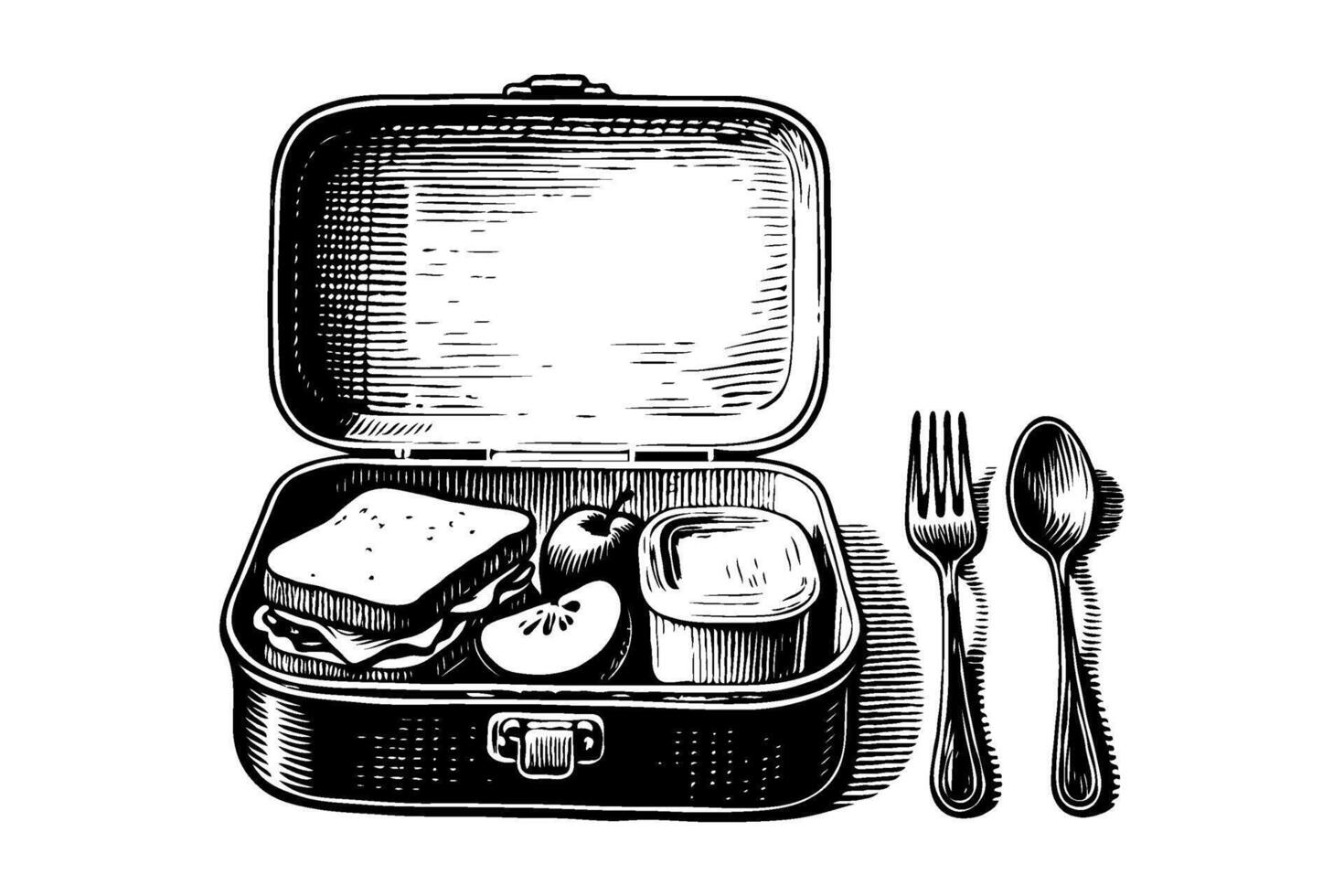 Lunchbox with sandwich, fruit, and container beside fork and spoon, engraved drawing style, on white background, concept of packed meal vector