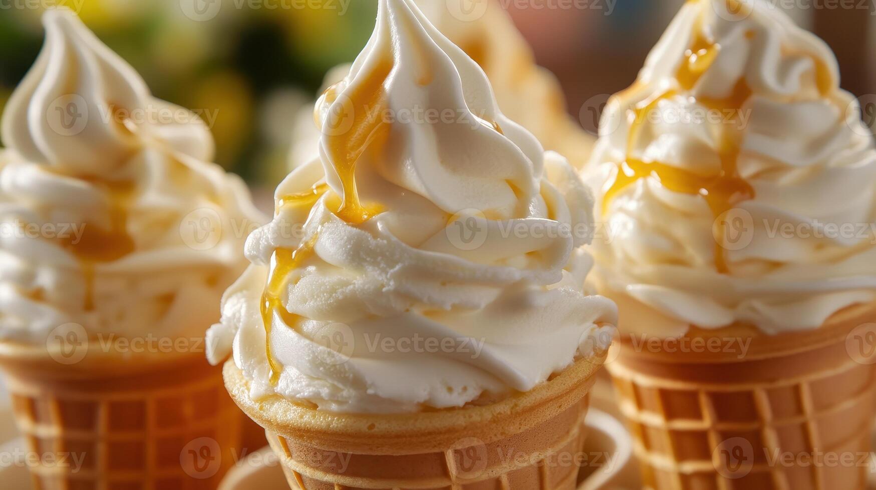 Soft Serve Vanilla Ice Cream Cones Topped With Caramel Sit in Sunlight photo