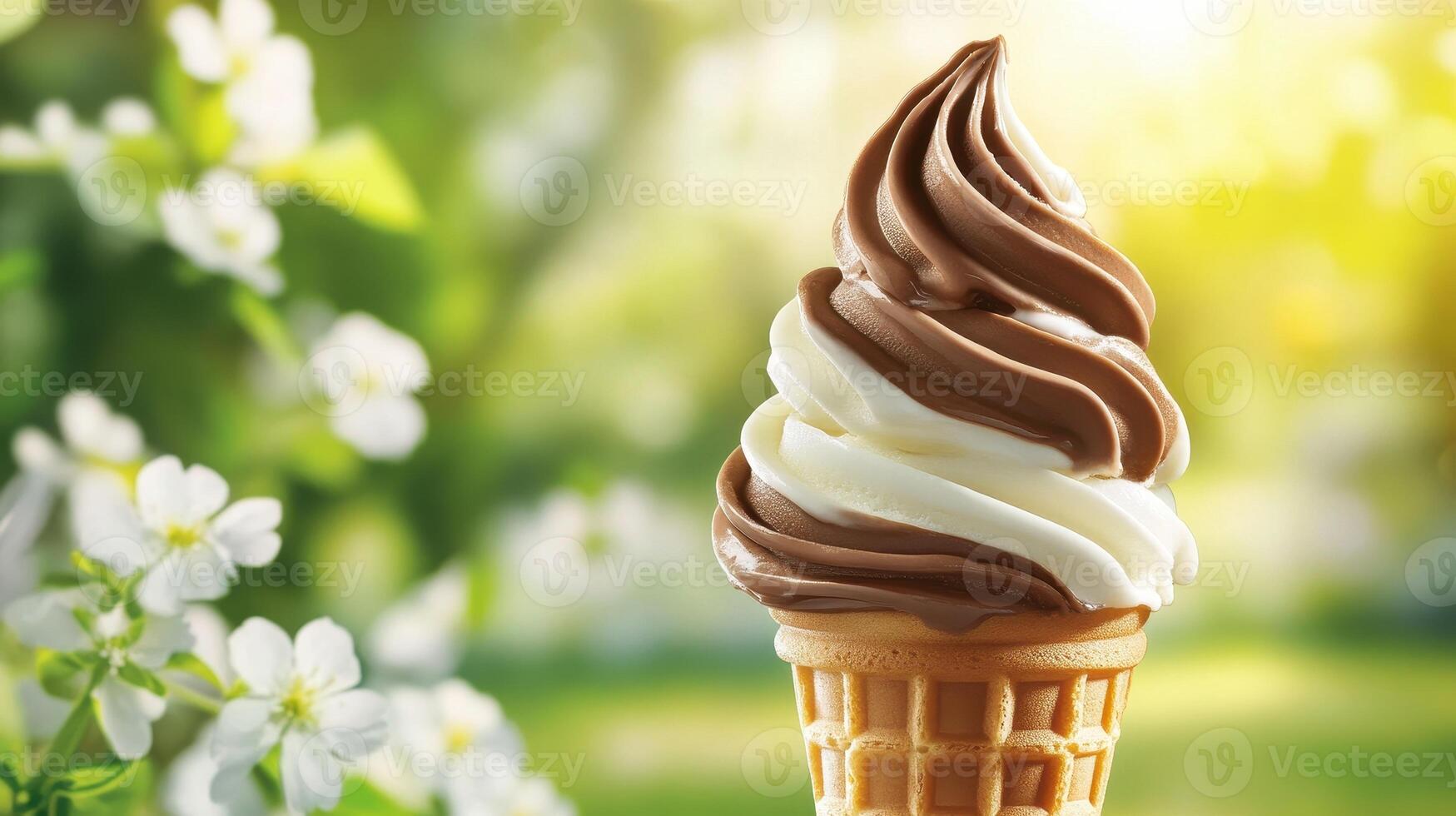Soft Serve Ice Cream Cone With Vanilla and Chocolate on a Bright Summer Day photo