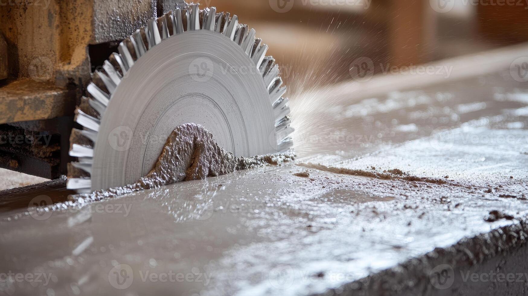 A close up of a circular saw cutting through wet concrete, showcasing precision and craftsmanship. photo