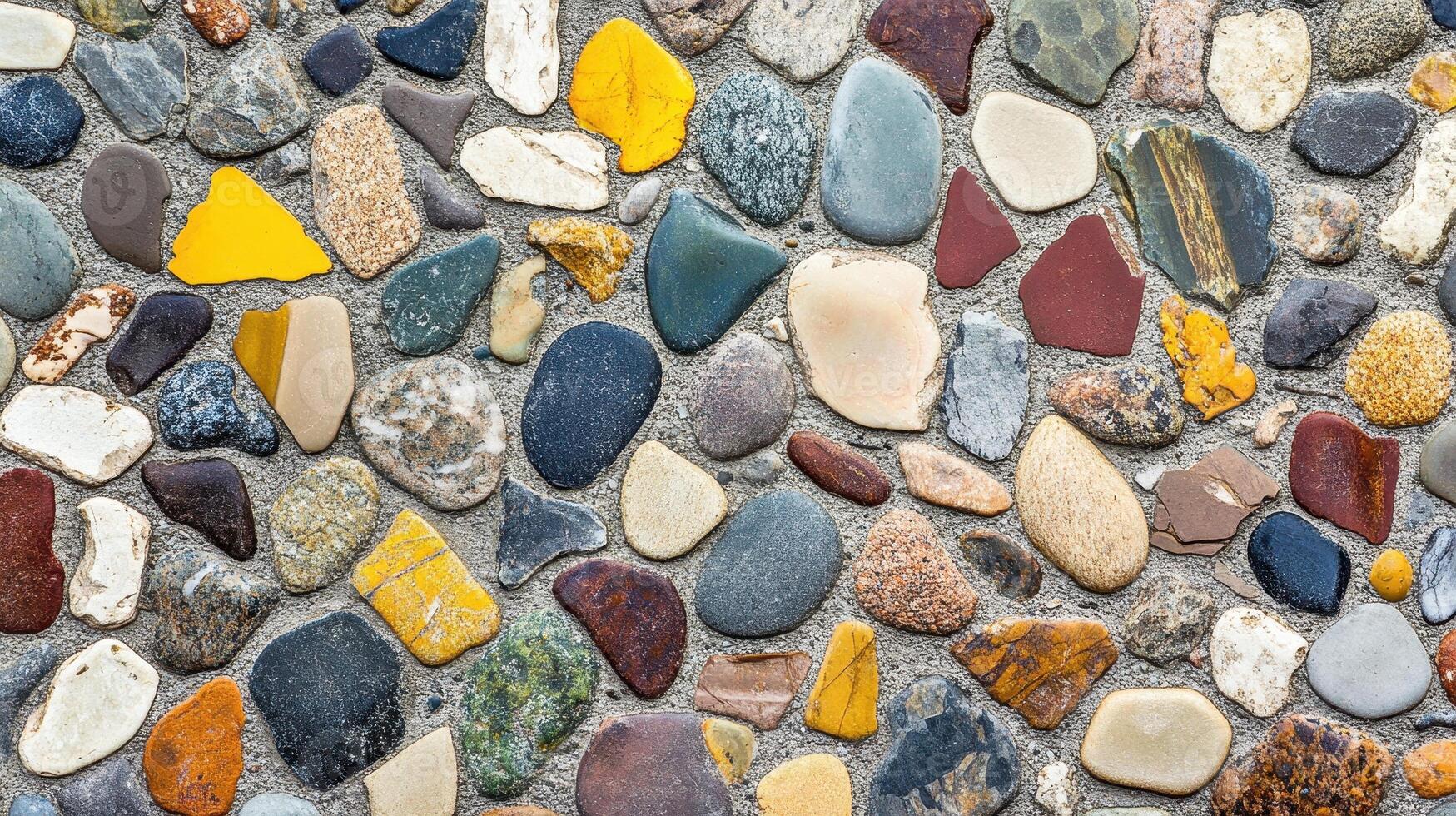 Varied Colorful Pebble Stones Create an Interesting and Unique Wall Texture Pattern photo