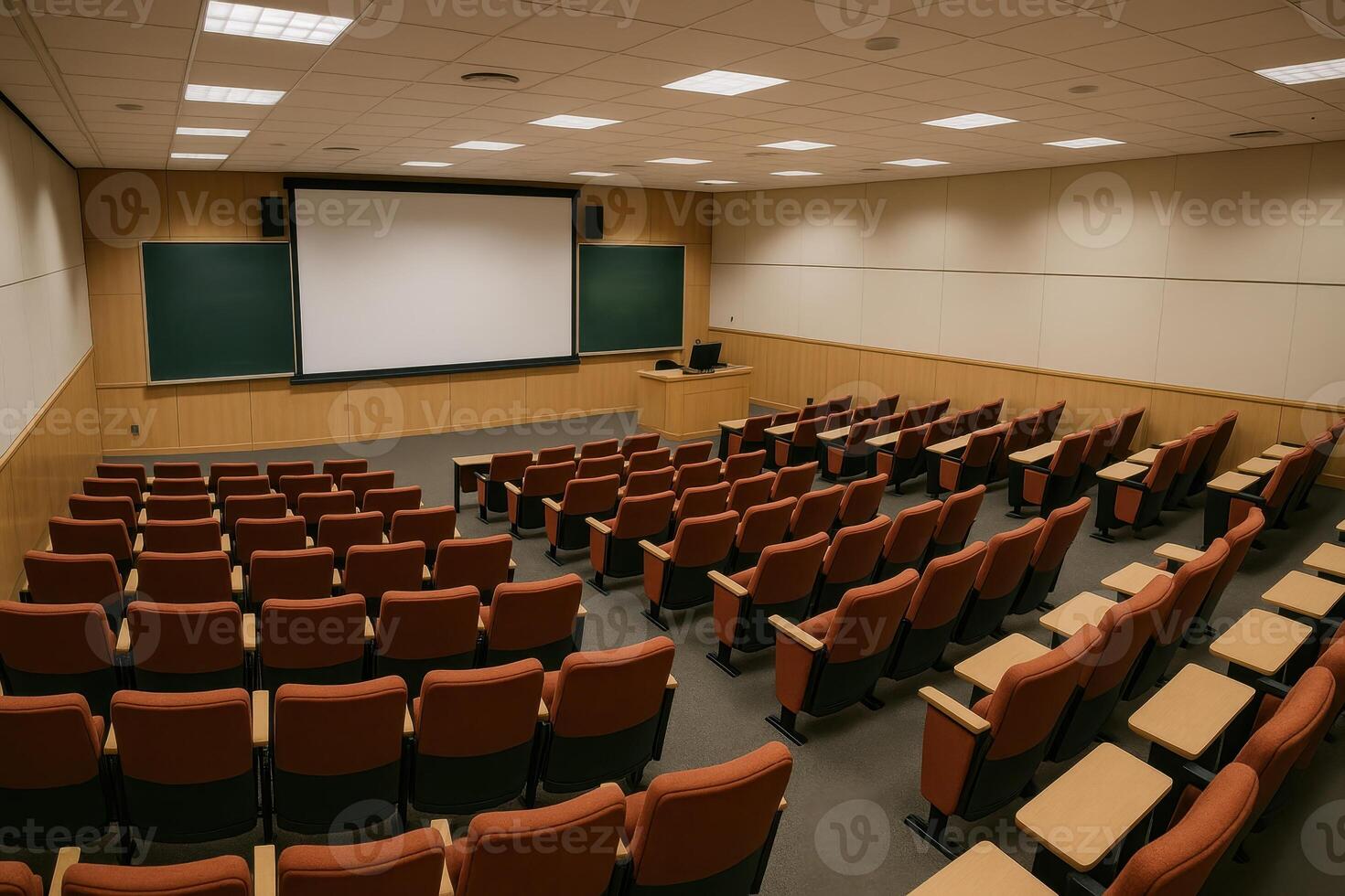 Empty Lecture Hall With Projector Screen and Rows of Brown Chairs Fills the Room photo