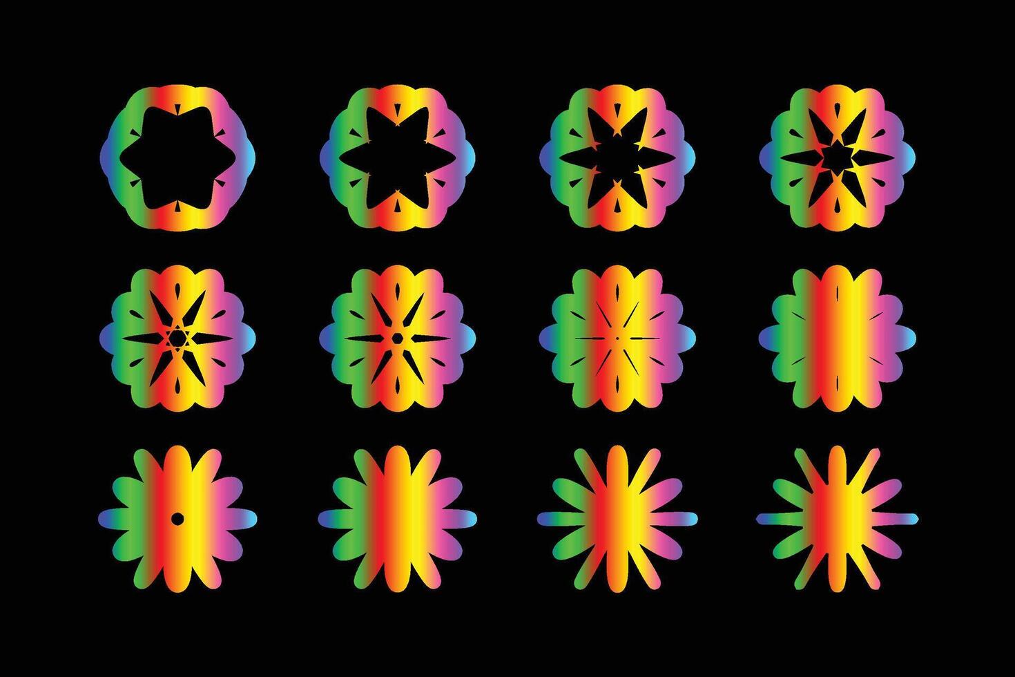 Collection of vibrant abstract geometric shapes with rainbow gradients, evolving patterns for modern designs. vector