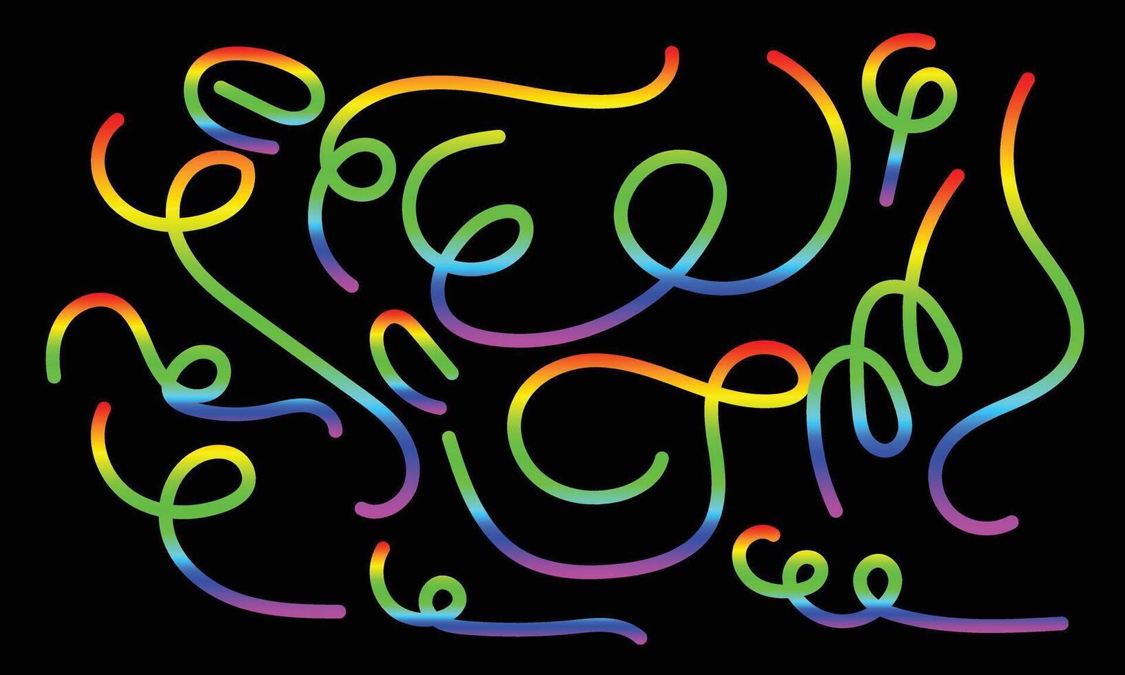 Dynamic abstract neon rainbow gradient lines and squiggles, creating vibrant playful artistic flowing patterns. vector