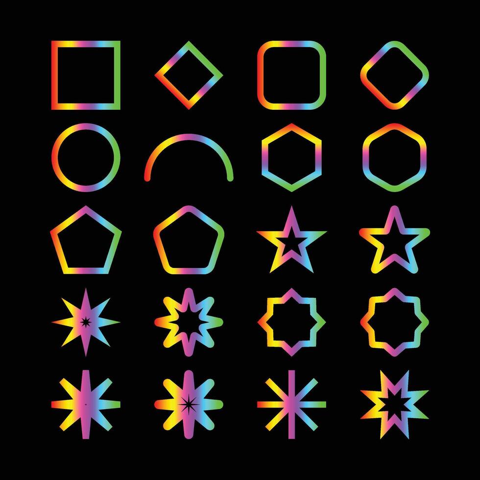 A collection of colorful neon gradient outlined geometric shapes, stars, and abstract elements for modern designs. vector