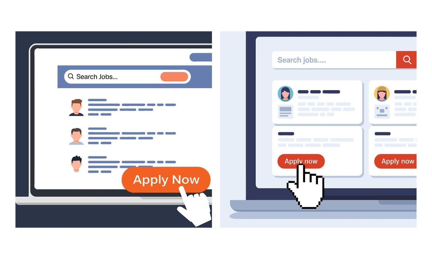 Online job search platform with 'apply now' button click for new careers. vector