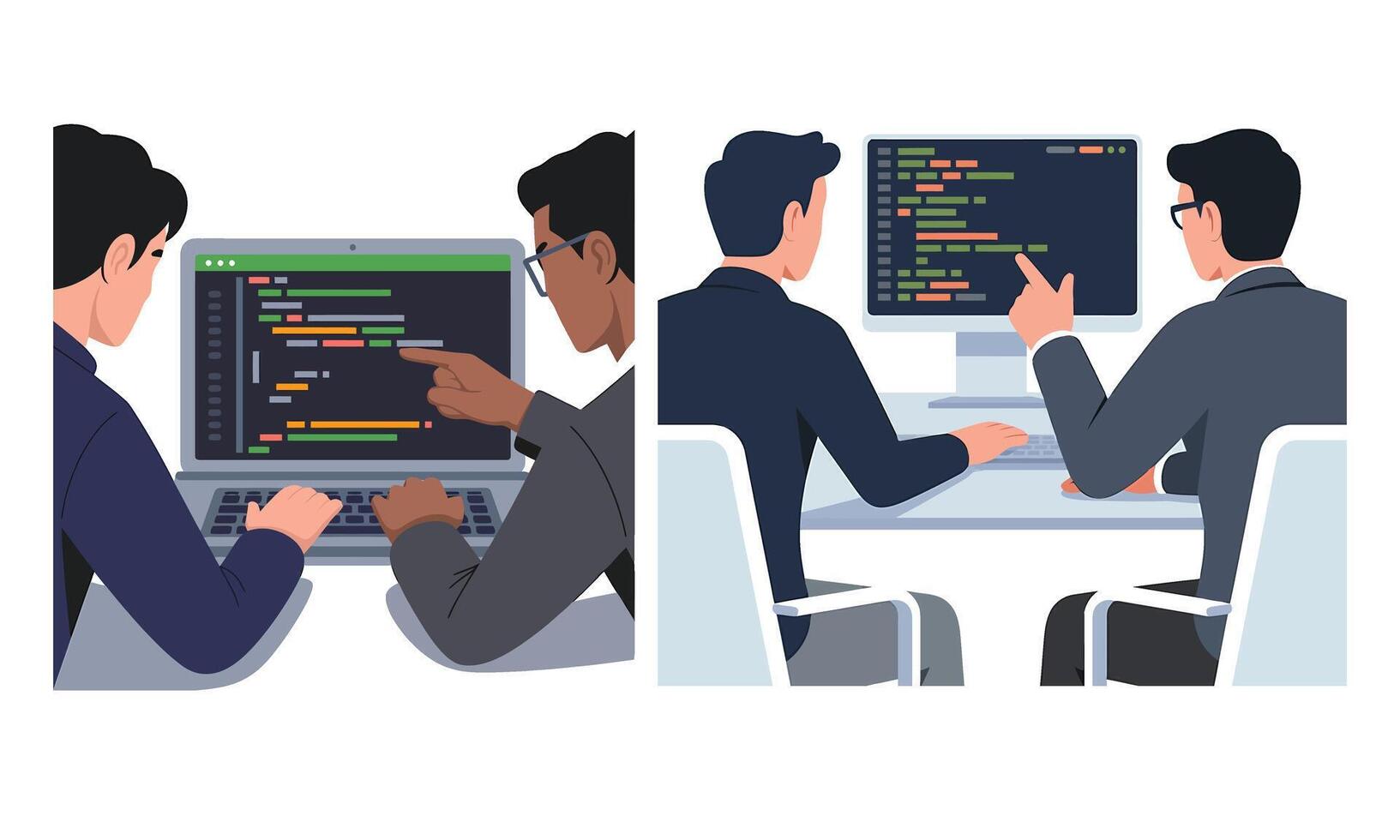 software desarrolladores colaborando en código, programación y desarrollo trabajo en equipo vector