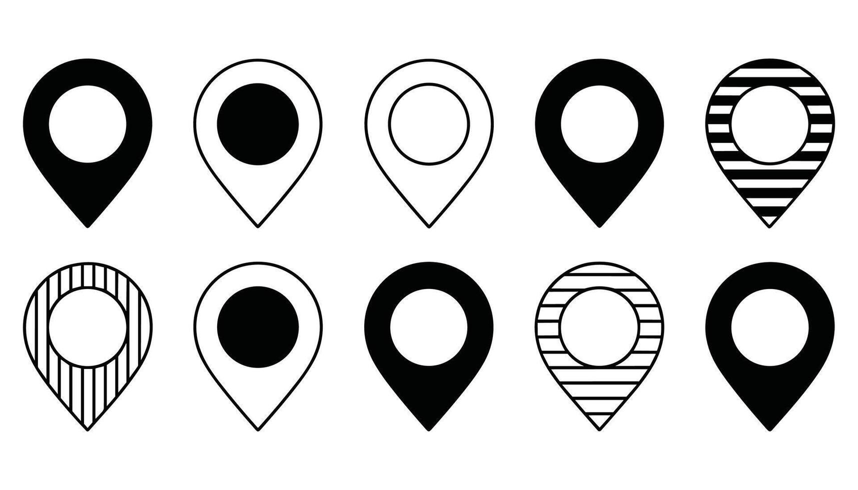 Collection of ten black and white map pin location icons with varied fill patterns navigation pointer vector