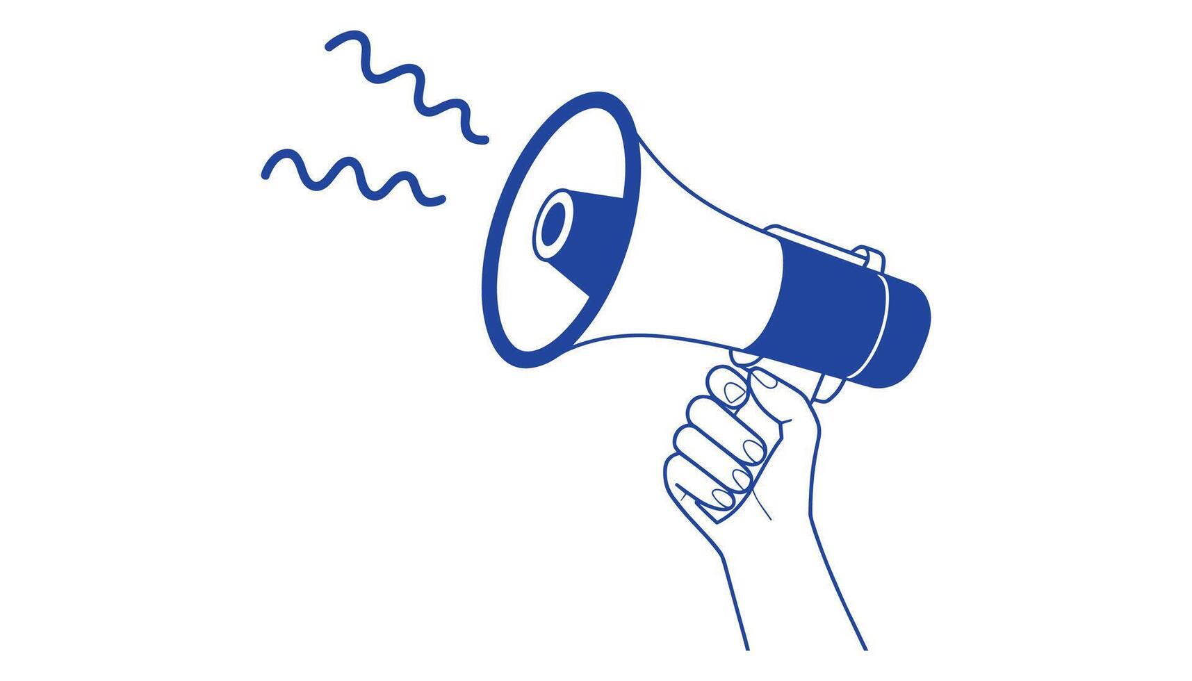Blue outline hand holding a megaphone with sound waves emanating from it on a white background shouting vector