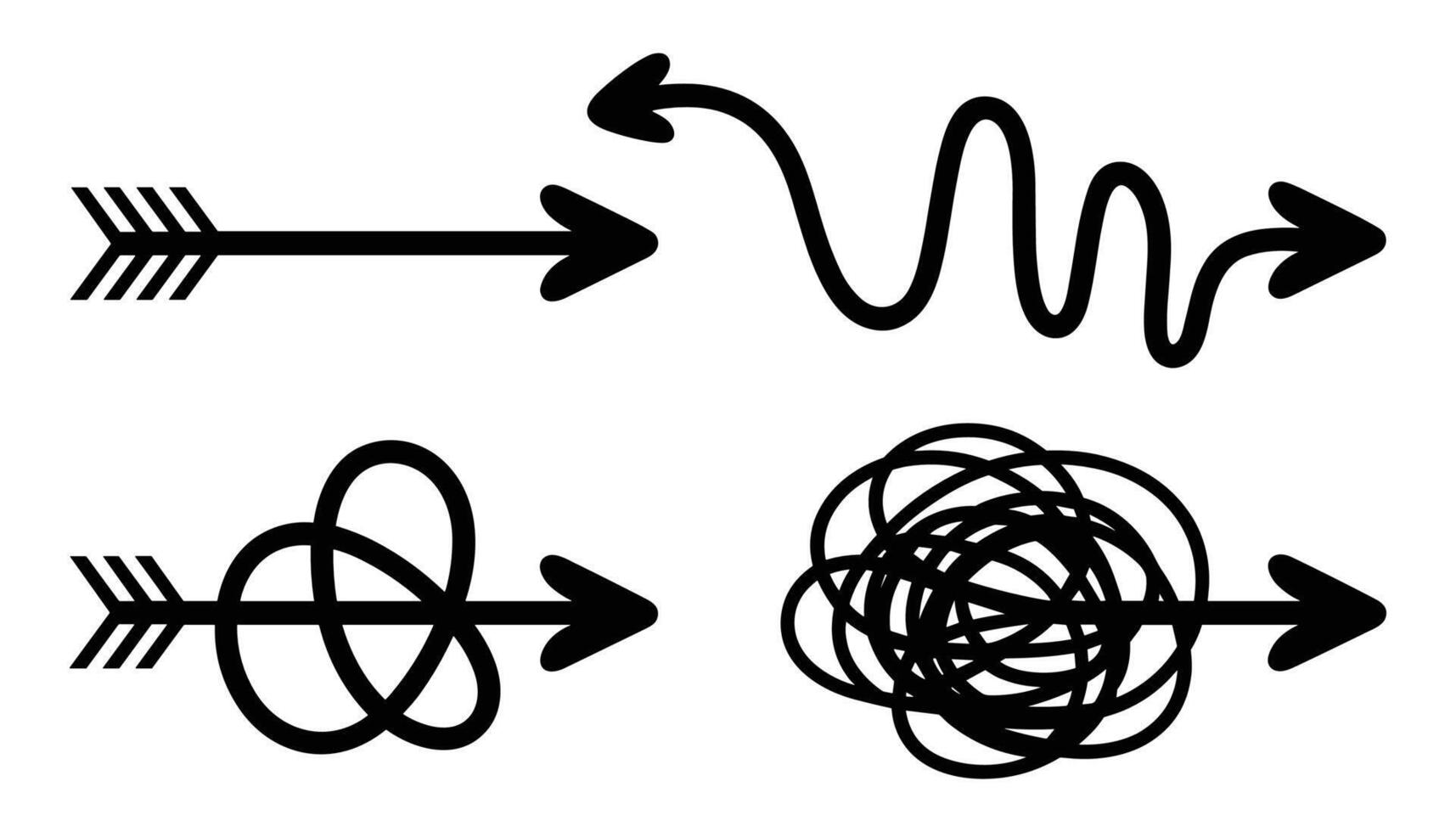 Four black arrows with different path complexities on a white background direction straight vector