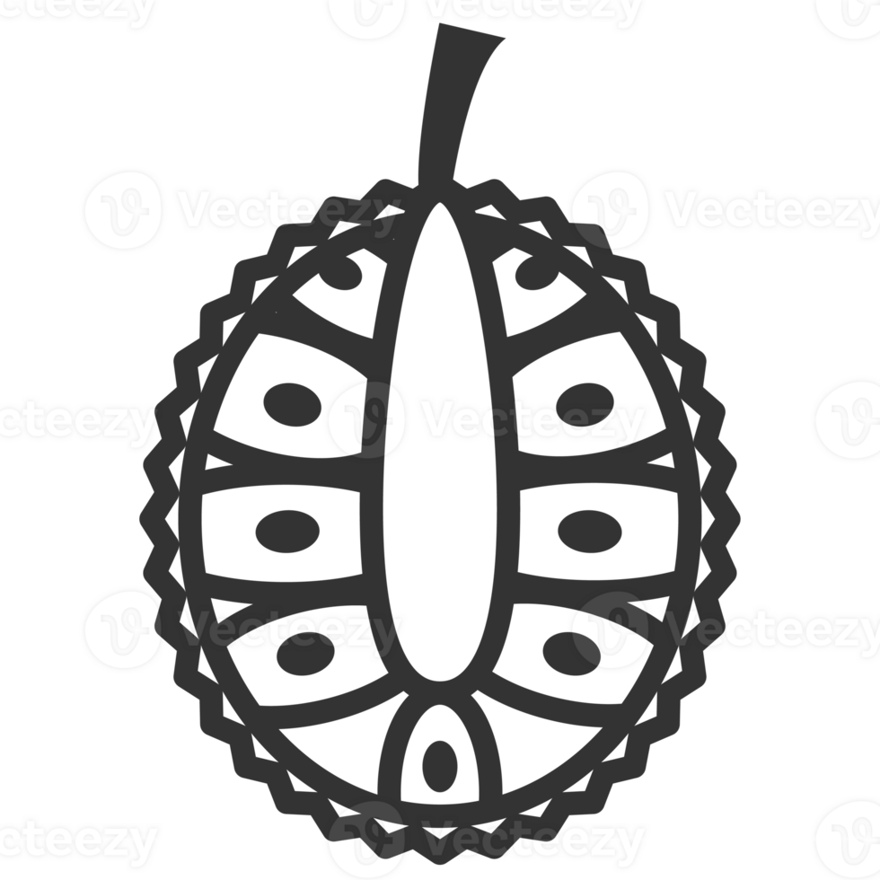 A simple and clean line art illustration of a durian fruit, featuring a black and white design Perfect for use as a graphic element in various creative projects png