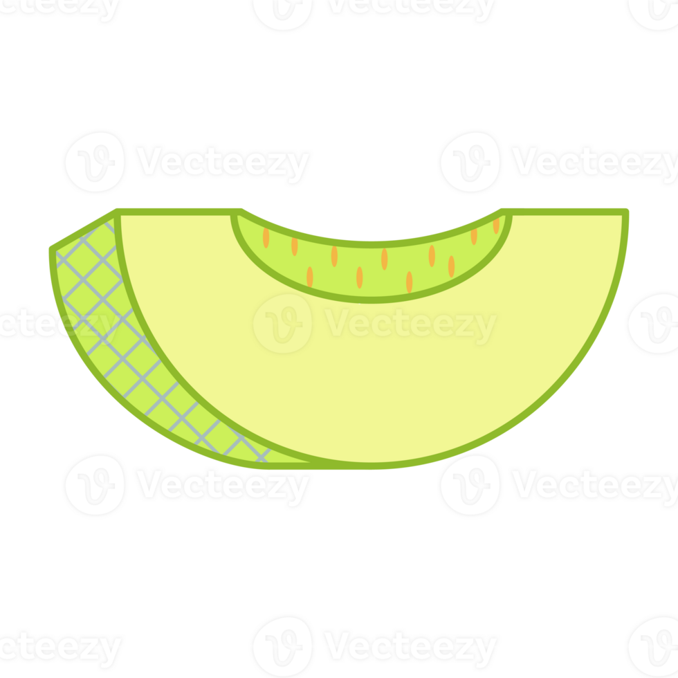 A simple flat style illustration of a slice of honeydew melon The image has a clean, modern design and features a light green rind with a crosshatch pattern, a pale green flesh, and small tan seeds png