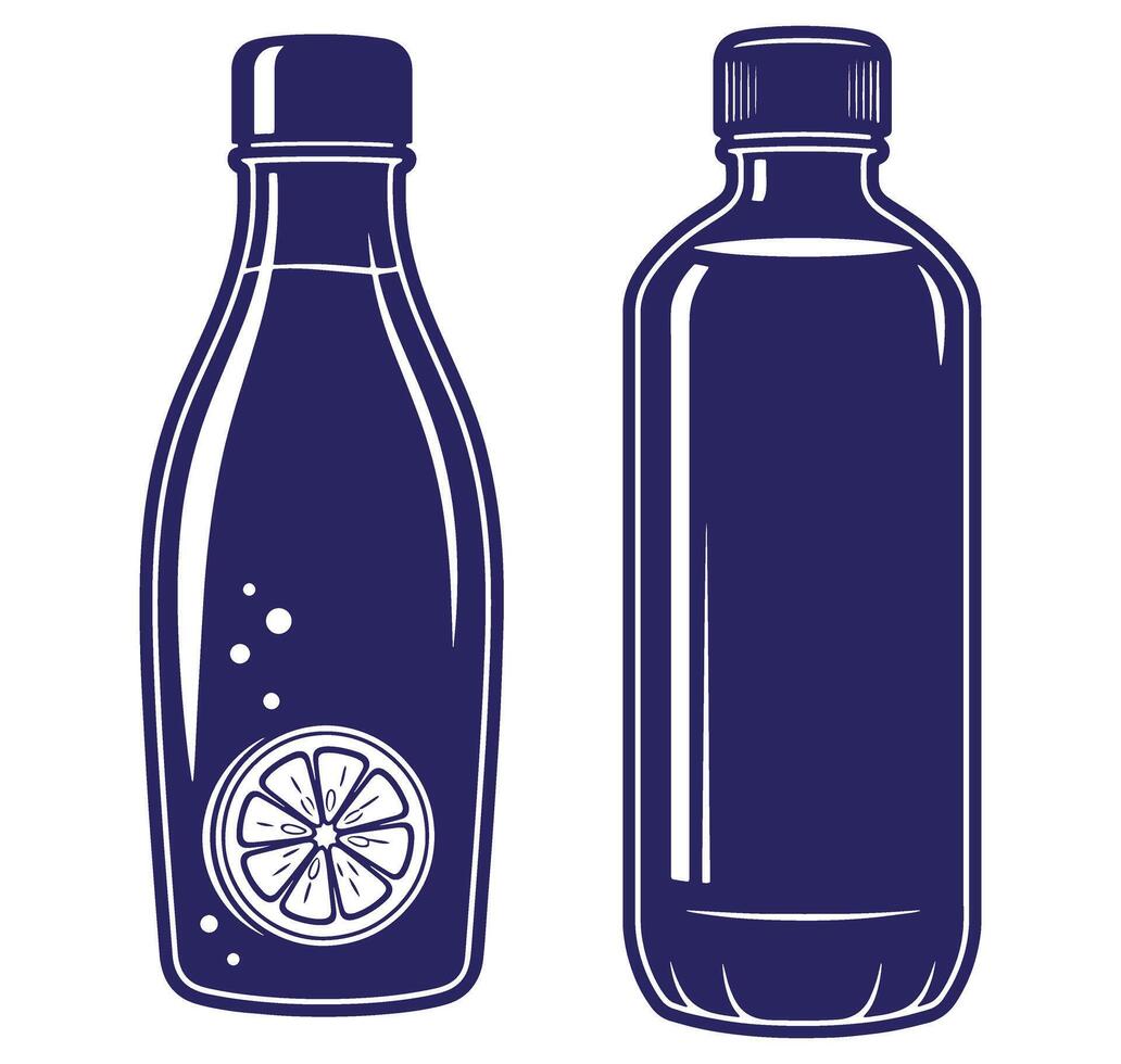 Two stylish illustrations of soda bottles with a slice of lemon on one design vector