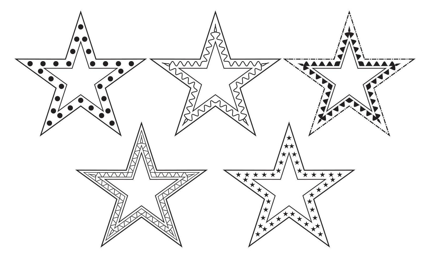 Decorative Outline Stars Set with Geometric Patterns, Dotted and Zigzag Star Border Design vector