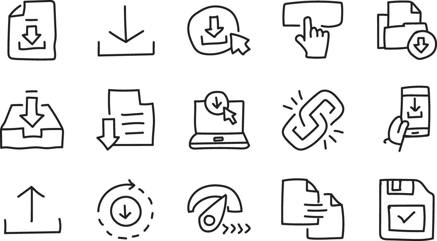 Download and Upload Data Hand Drawn Doodle Icon Set in Minimal Digital Line Art Style vector