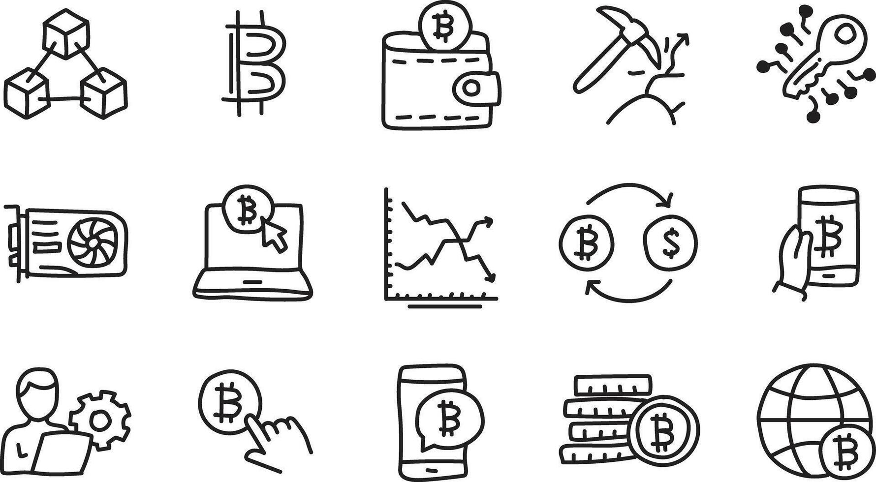Cryptocurrency Blockchain and Bitcoin Hand Drawn Doodle Icon Set in Digital Line Art Style vector