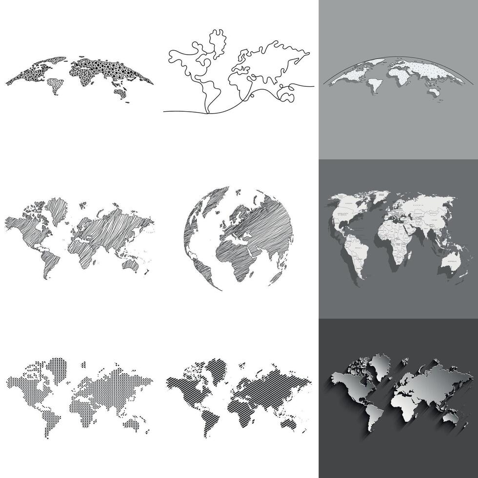 A collection of lined world maps. A set of isolated gray political maps and globes. vector