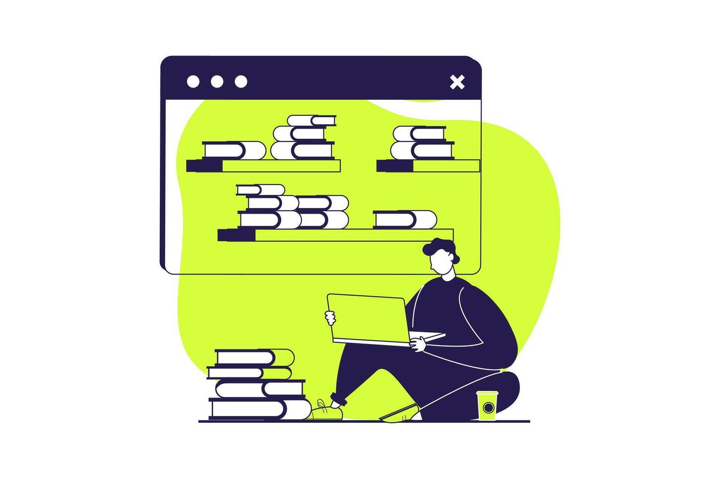 Distant learning web concept with flat people for website design. Student reading books from laptop, studying with digital textbooks, working in library with online information. illustration. vector