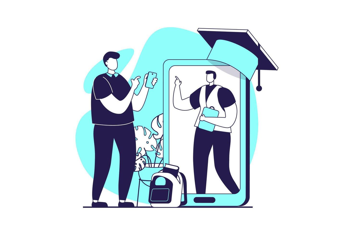 Distant learning web concept with flat people for website design. Student graduating virtual class online and getting diplom, ending professional courses and gets congratulation. illustration. vector