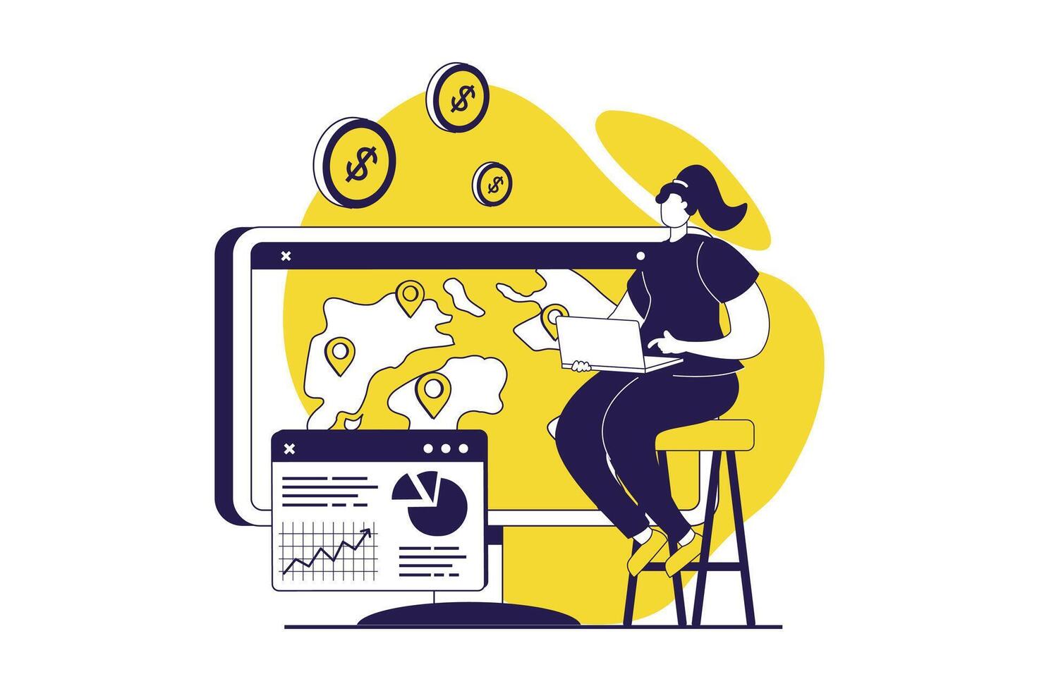 Digital business web concept with flat people for website design. Woman analyzing financial data on charts, working in online global commerce project, doing marketing research. illustration. vector