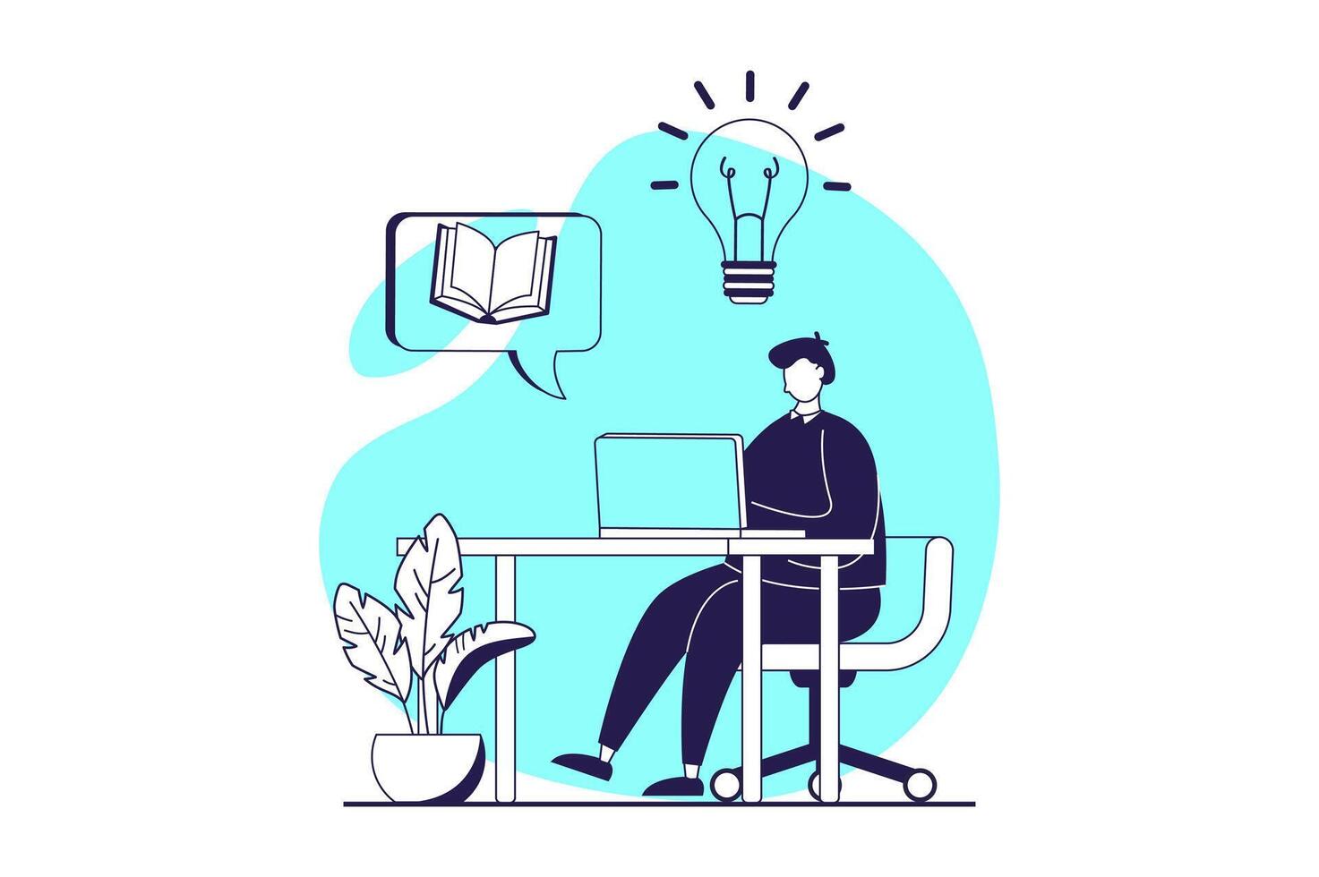 distante aprendizaje web concepto con plano personas para sitio web diseño. estudiante leyendo libros desde computadora portátil, estudiando con digital libros de texto, haciendo deberes y consiguiendo conocimientos. ilustración. vector