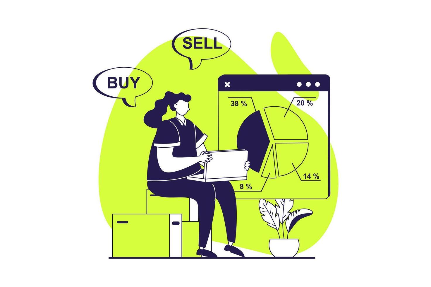 Digital business web concept with flat people for website design. Woman analyzing financial data on diagram, working in online store, analyzing sells performances and clients. illustration. vector